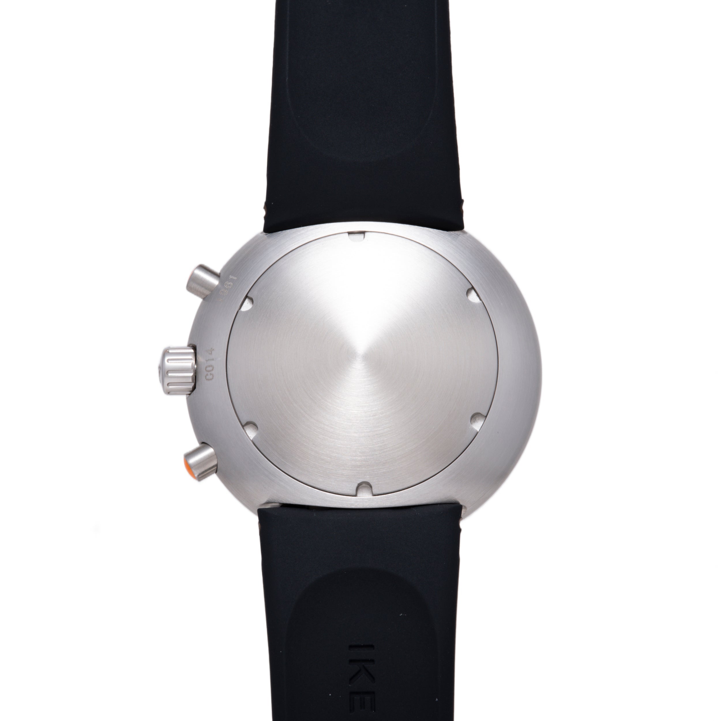 Stainless steel chronograph watch with brushed silver dial, black rubber strap, and side-mounted pushers.