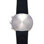 Stainless steel chronograph watch with brushed silver dial, black rubber strap, and side-mounted pushers.