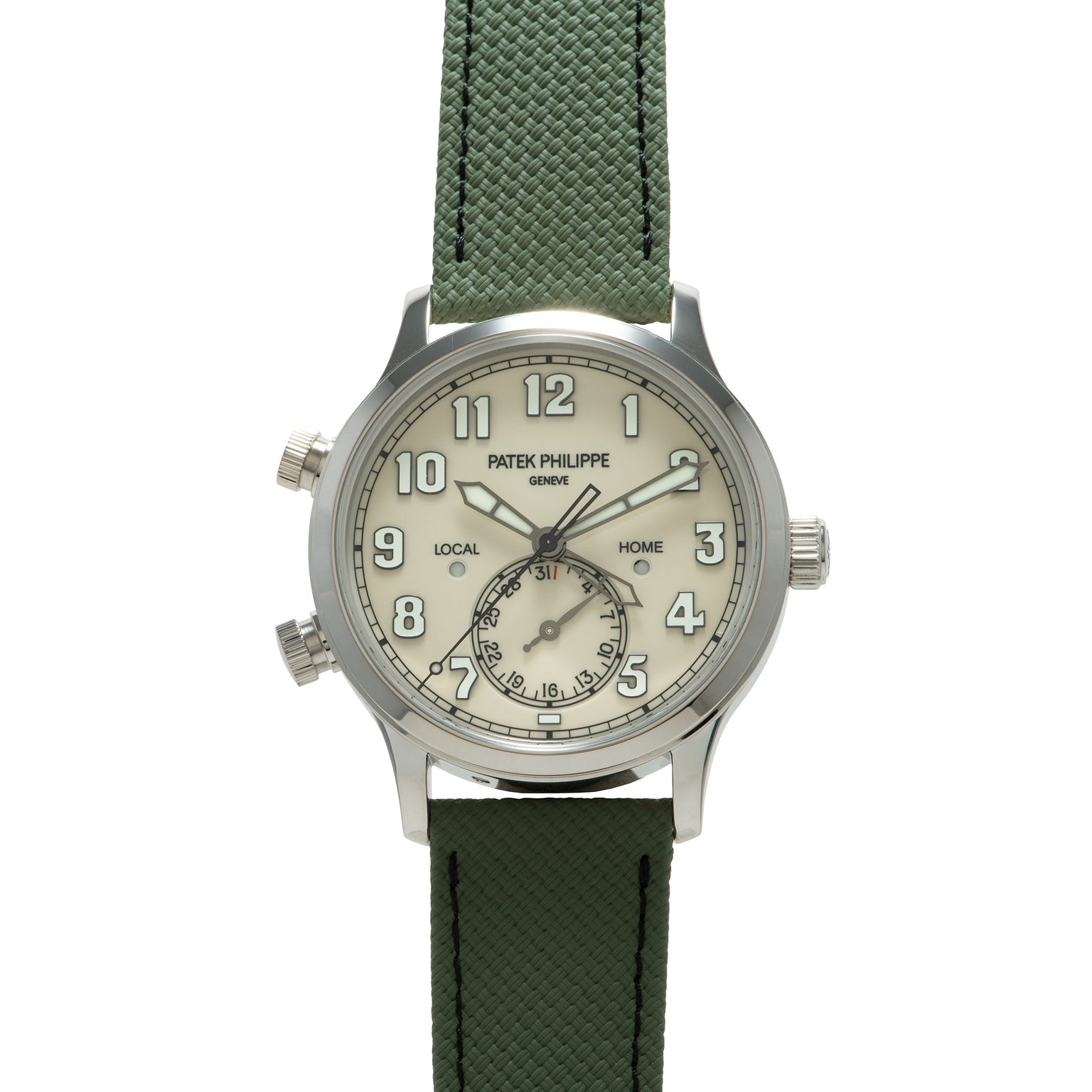 Steel watch with cream dial, Arabic numerals, dual time subdial, and green fabric strap.