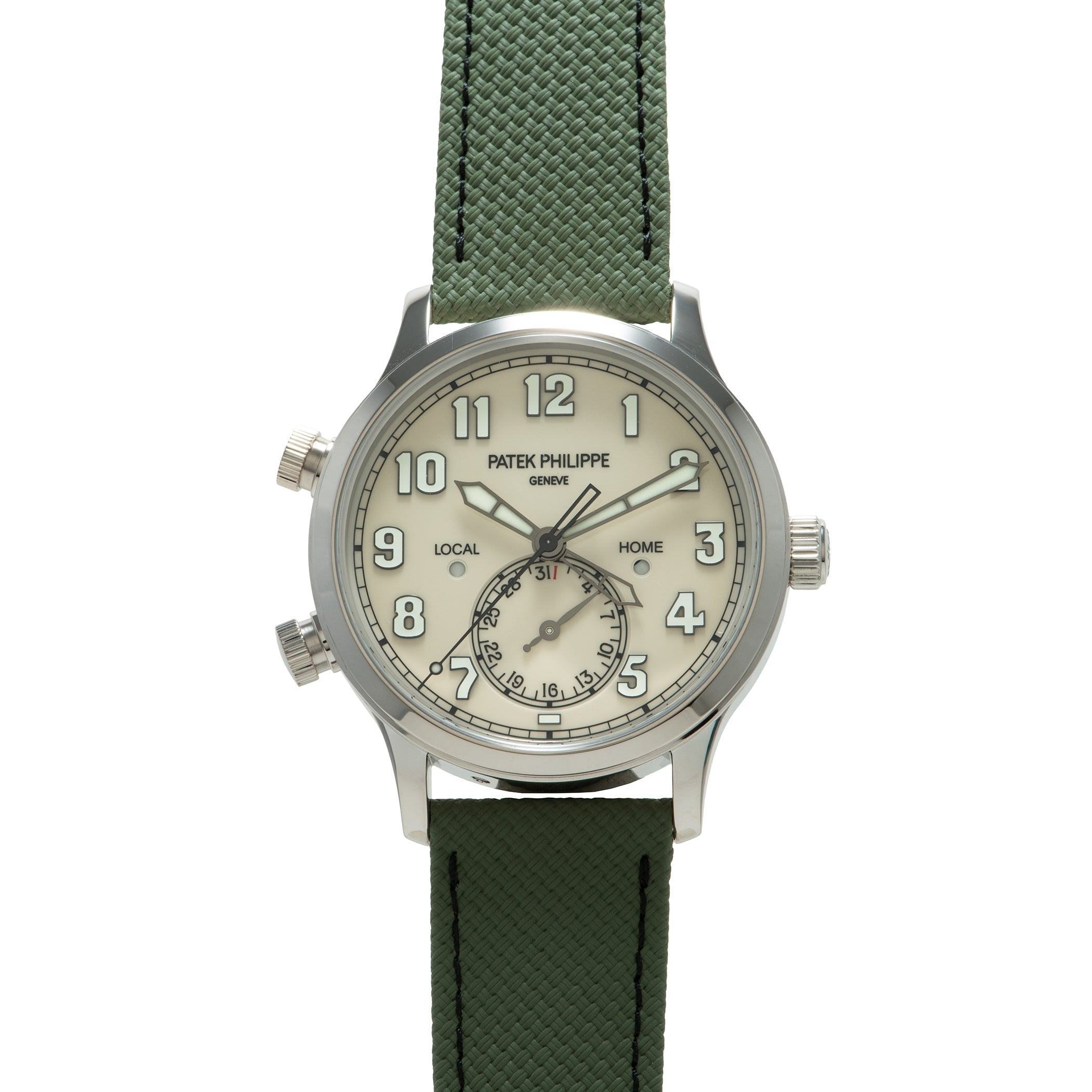 Steel watch with cream dial, Arabic numerals, dual time subdial, and green fabric strap.