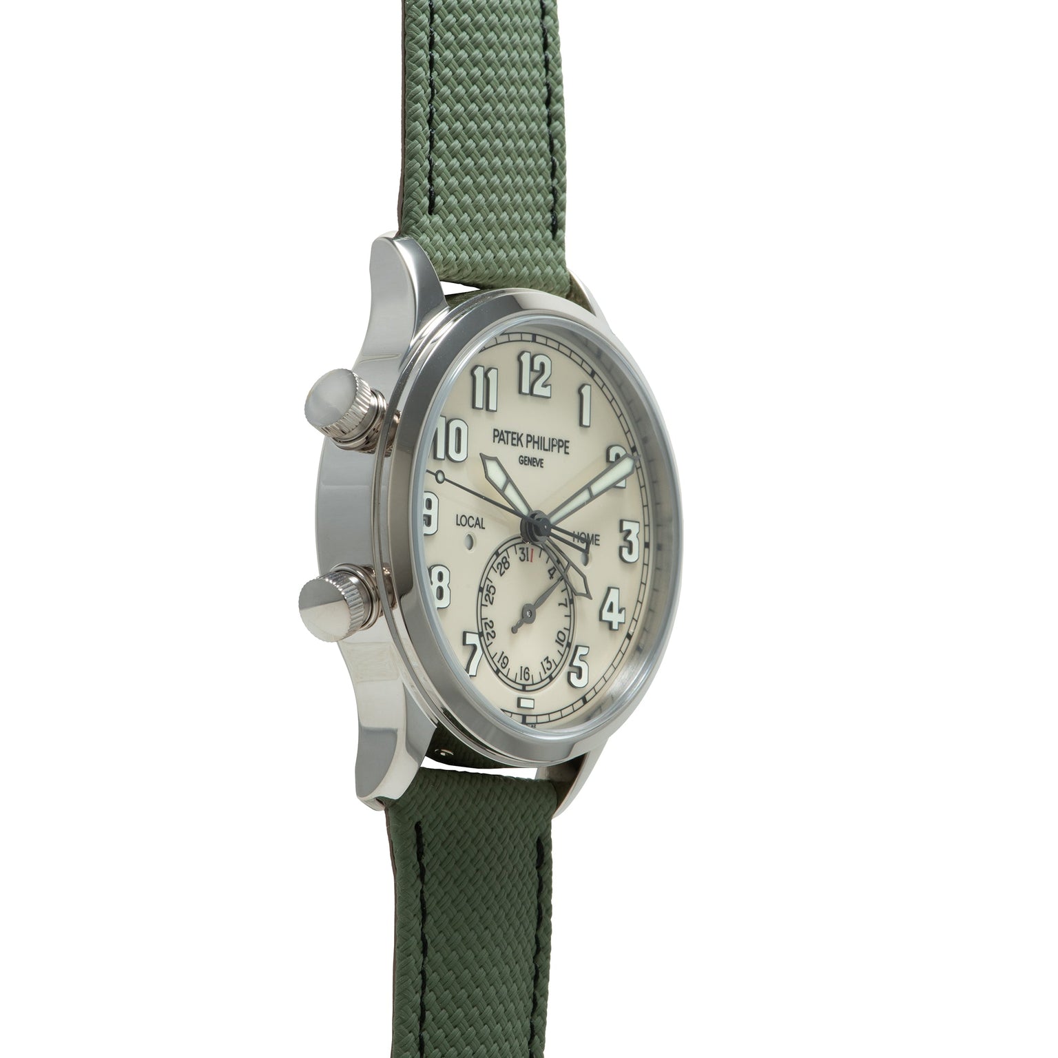 Silver watch with cream dial, dual time zones marked "GMT" and "LOCAL," subdial, two pushers, and green fabric strap.