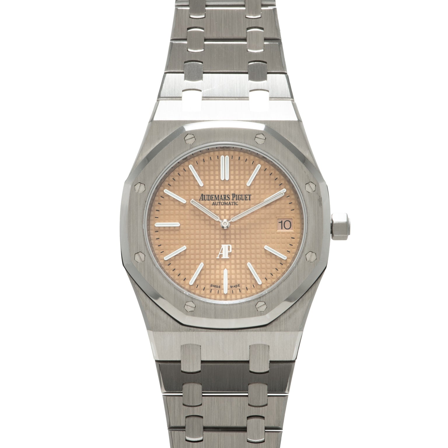Stainless steel Audemars Piguet Royal Oak watch with salmon dial, white indices, and integrated metal bracelet.