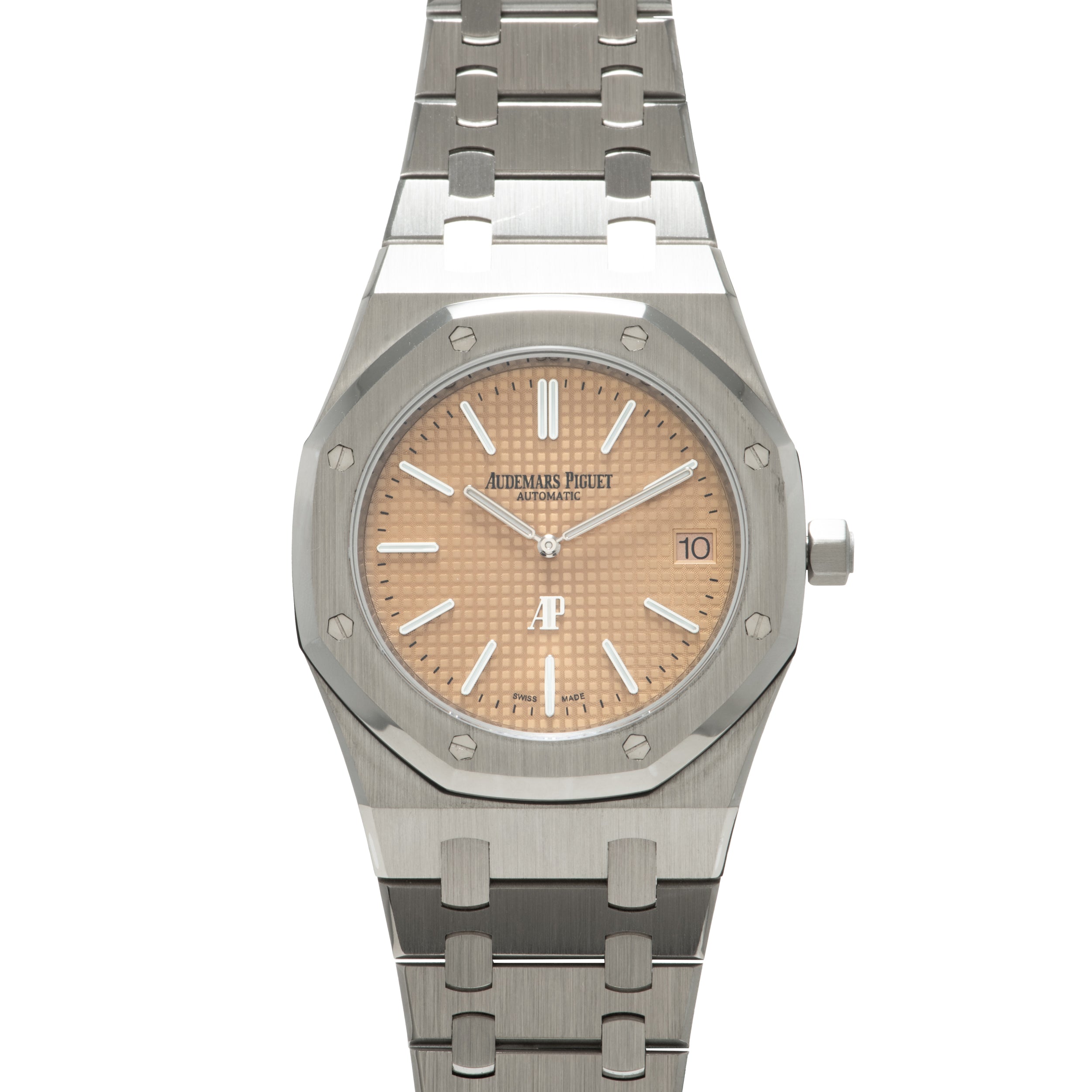 Stainless steel Audemars Piguet Royal Oak watch with salmon dial, white indices, and integrated metal bracelet.