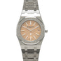 Stainless steel Audemars Piguet Royal Oak watch with salmon dial, white indices, and integrated metal bracelet.