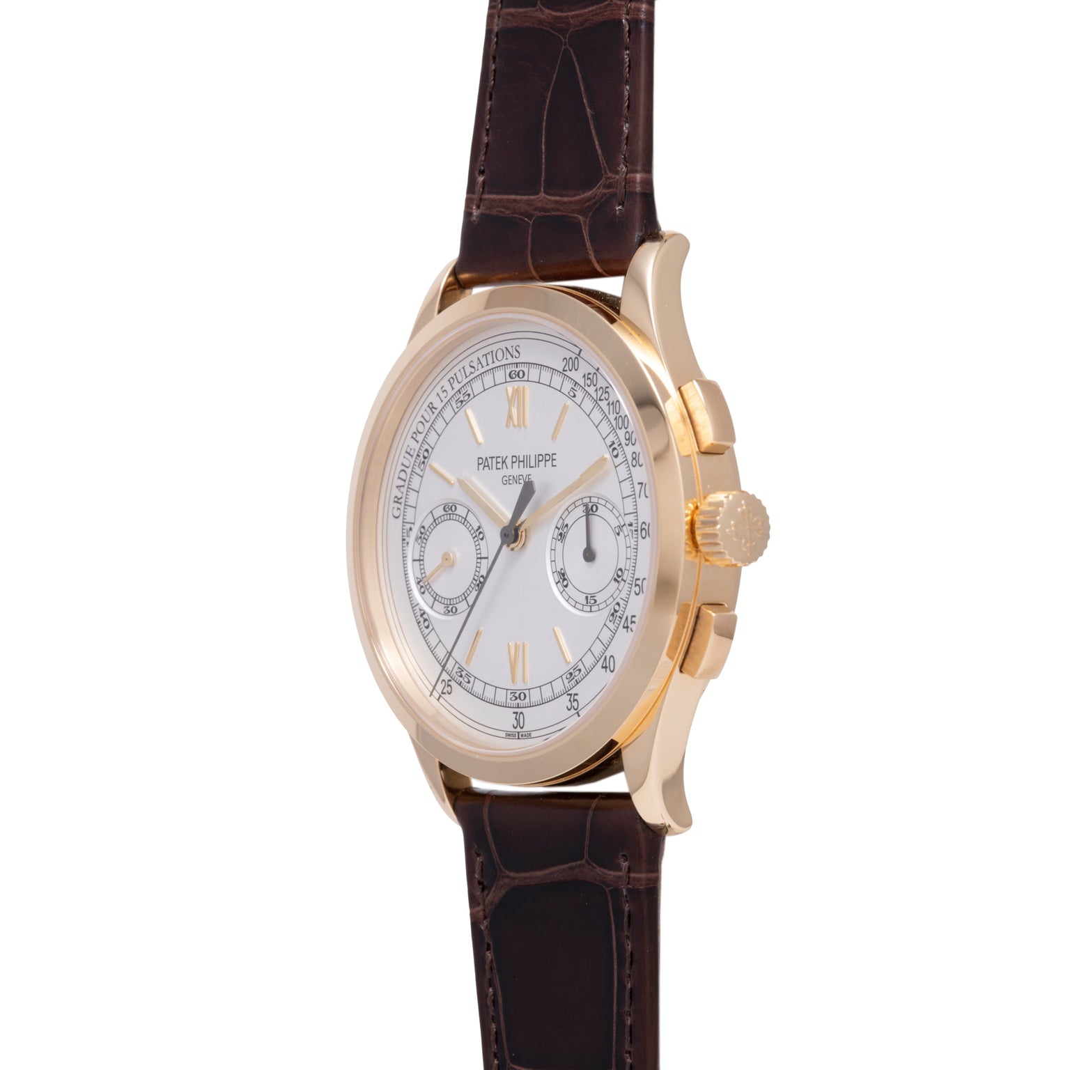 Gold-tone chronograph watch with silver dial, Roman numerals, two subdials, and dark brown leather crocodile-embossed strap.