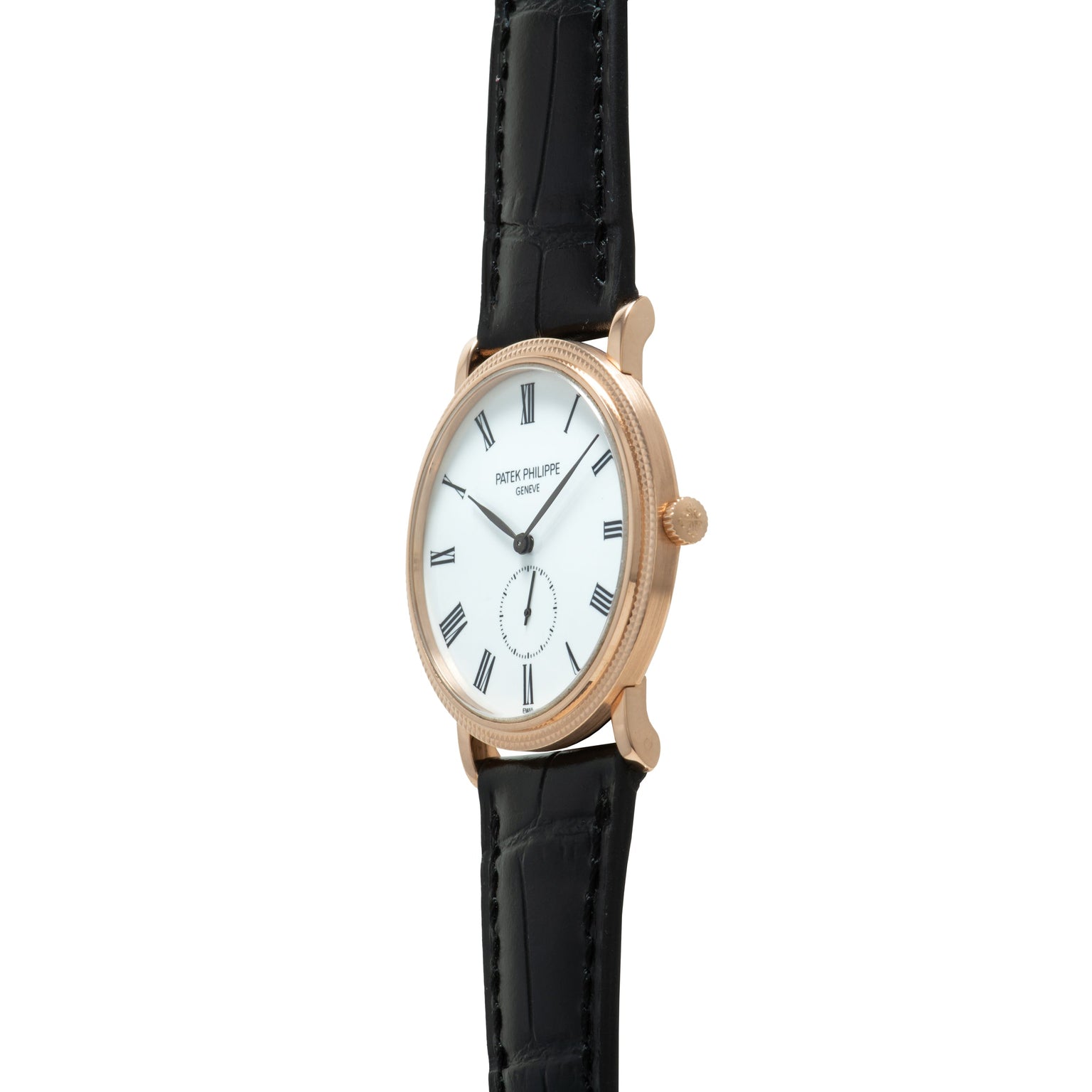 Rose gold watch with white dial, Roman numerals, subsidiary seconds dial, and black leather strap.