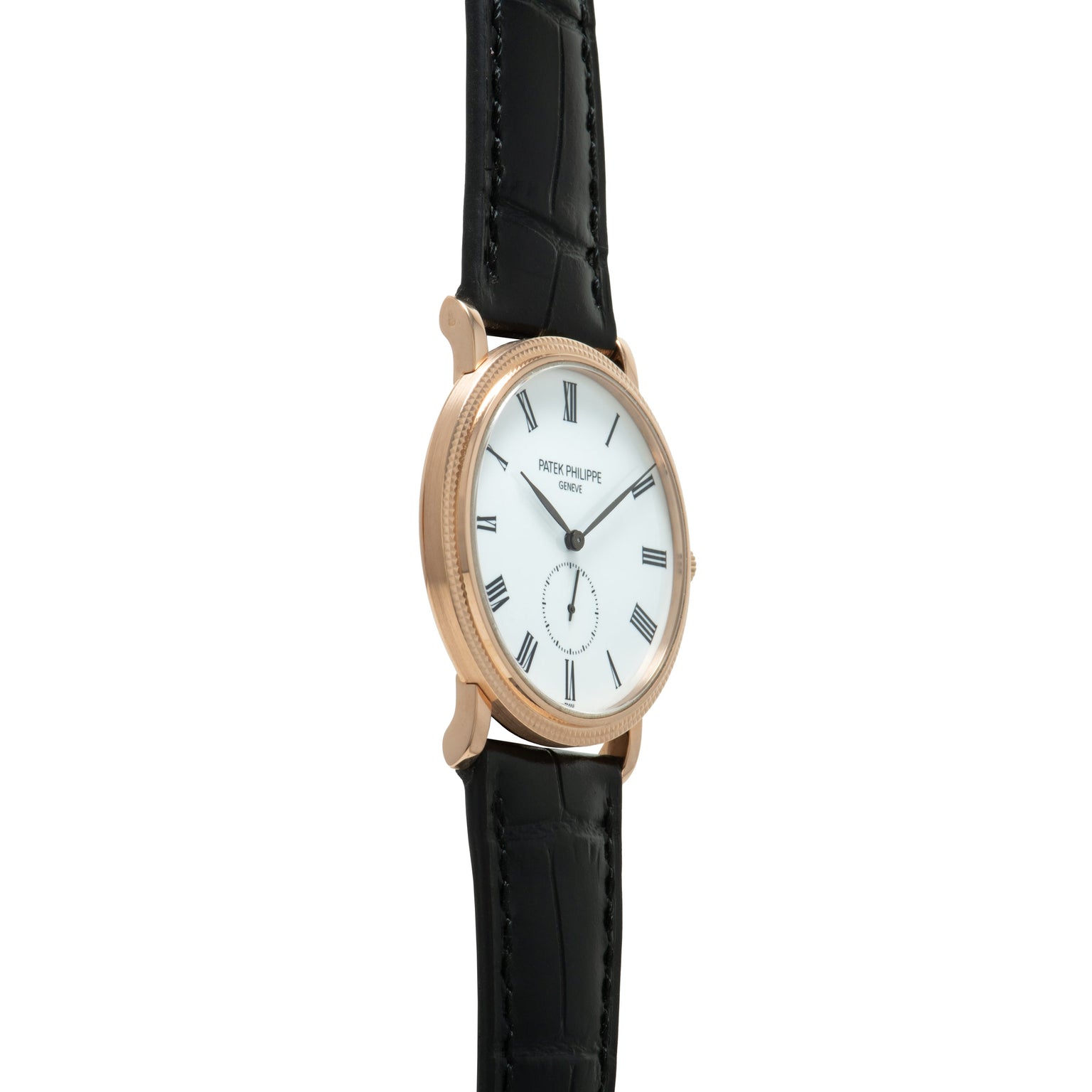Rose gold watch with white dial, Roman numerals, subsidiary seconds dial, and black leather strap.