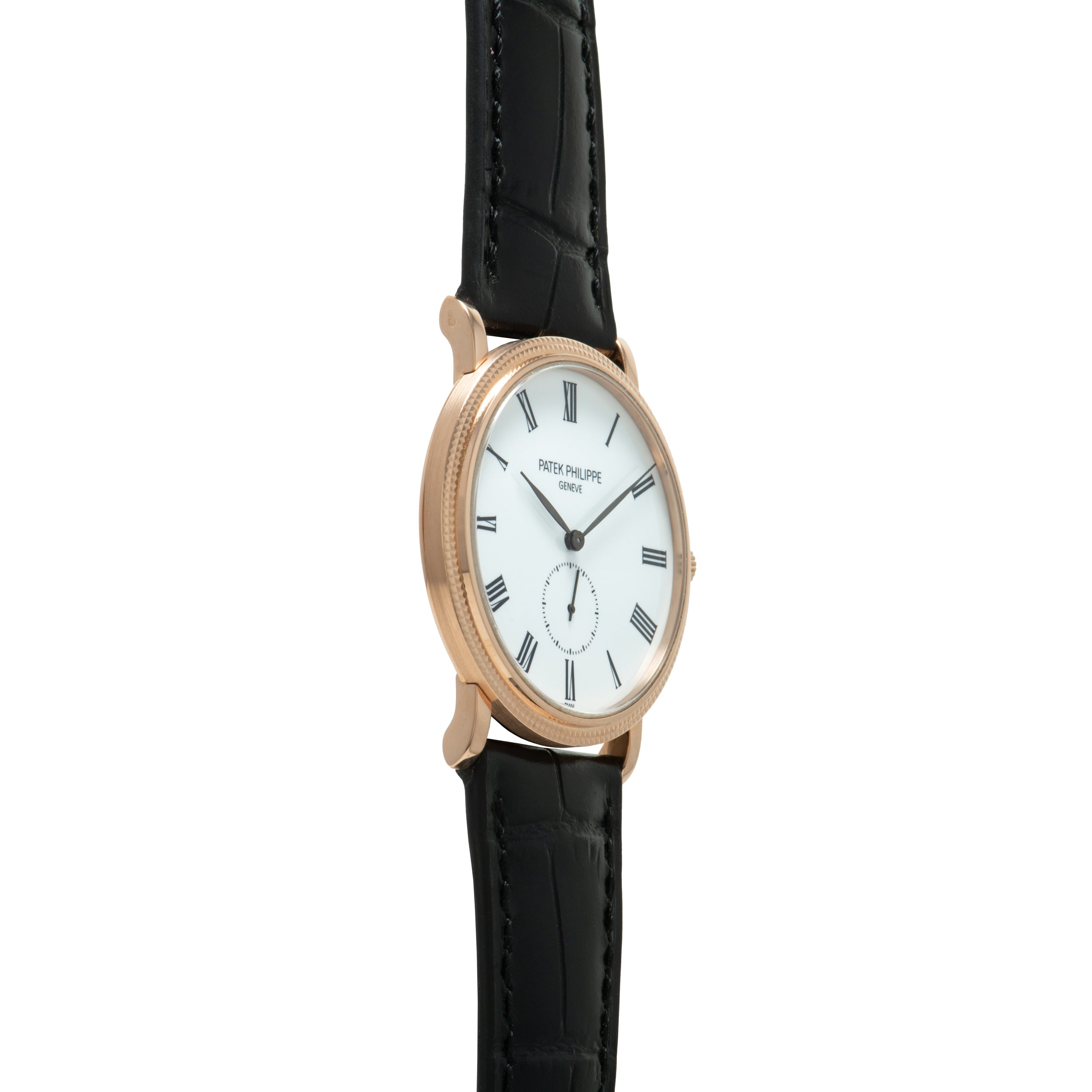Rose gold watch with white dial, Roman numerals, subsidiary seconds dial, and black leather strap.