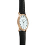 Rose gold watch with white dial, Roman numerals, subsidiary seconds dial, and black leather strap.