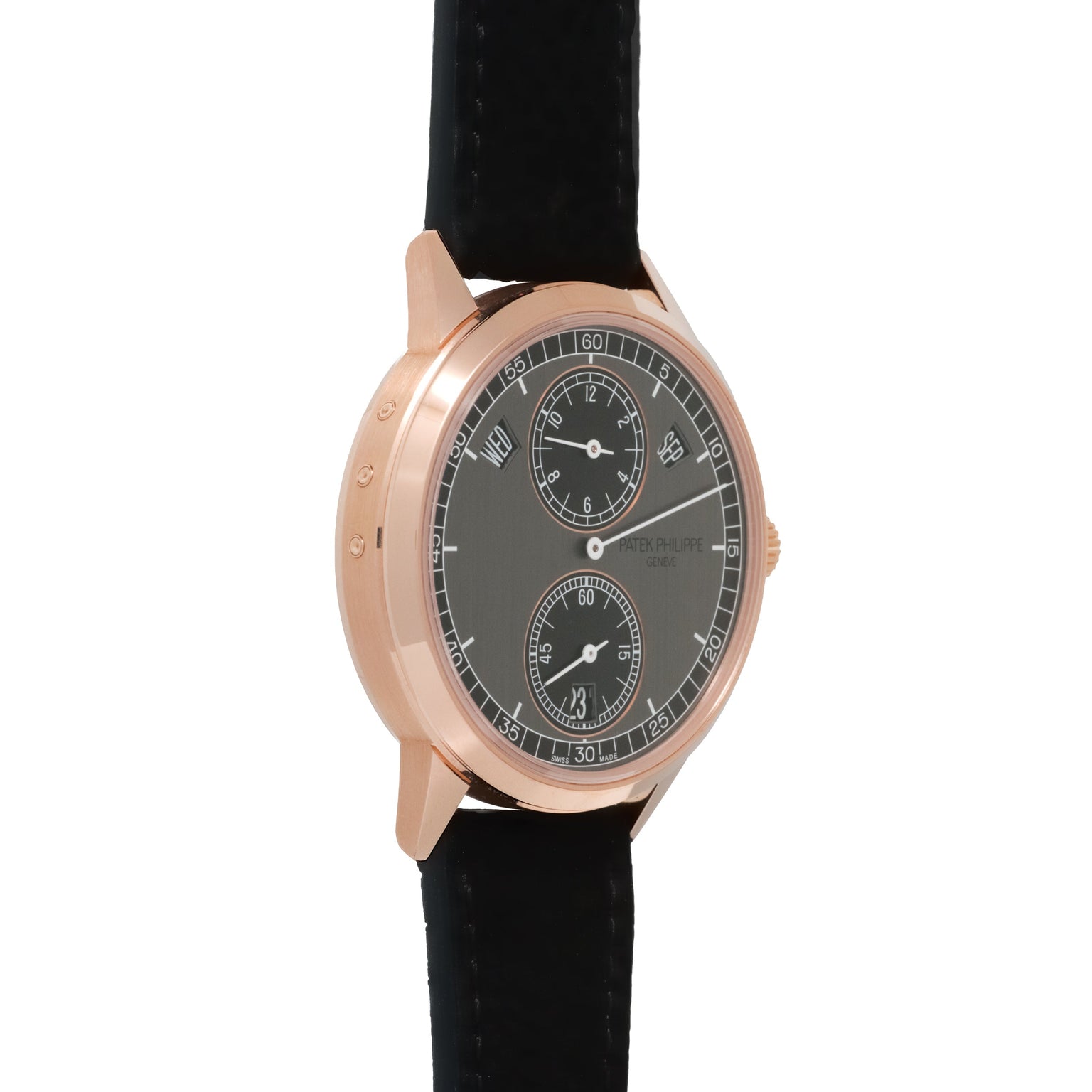Rose gold watch with black dial, two subsidiary dials, regulator-style numerals, and black leather strap.