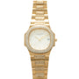 Yellow gold Nautilus watch with cream dial, diamond-set bezel and bracelet links, date window, and gold-tone hands.