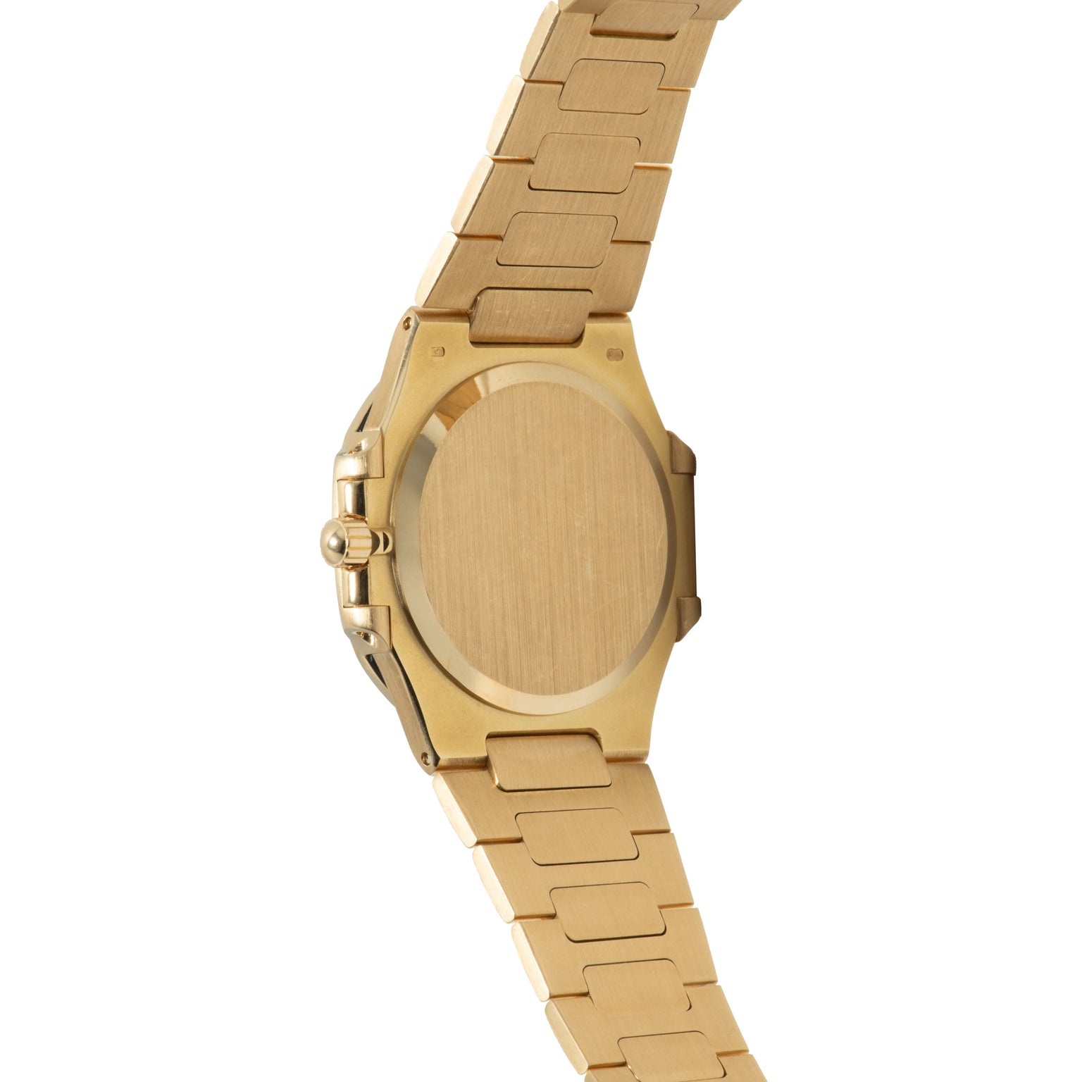 Gold-tone watch with octagonal case, link bracelet, and blank dial visible from the back.