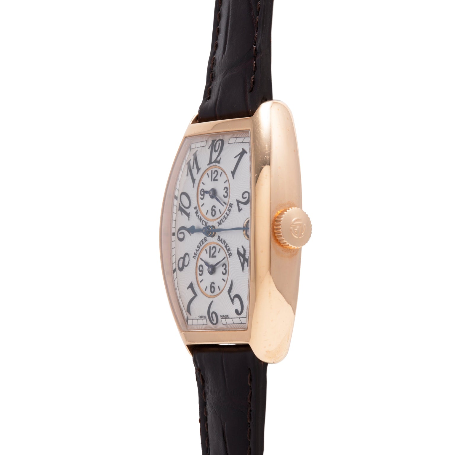 Rose gold tonneau watch with dual square dials, Arabic numerals, and black leather strap.