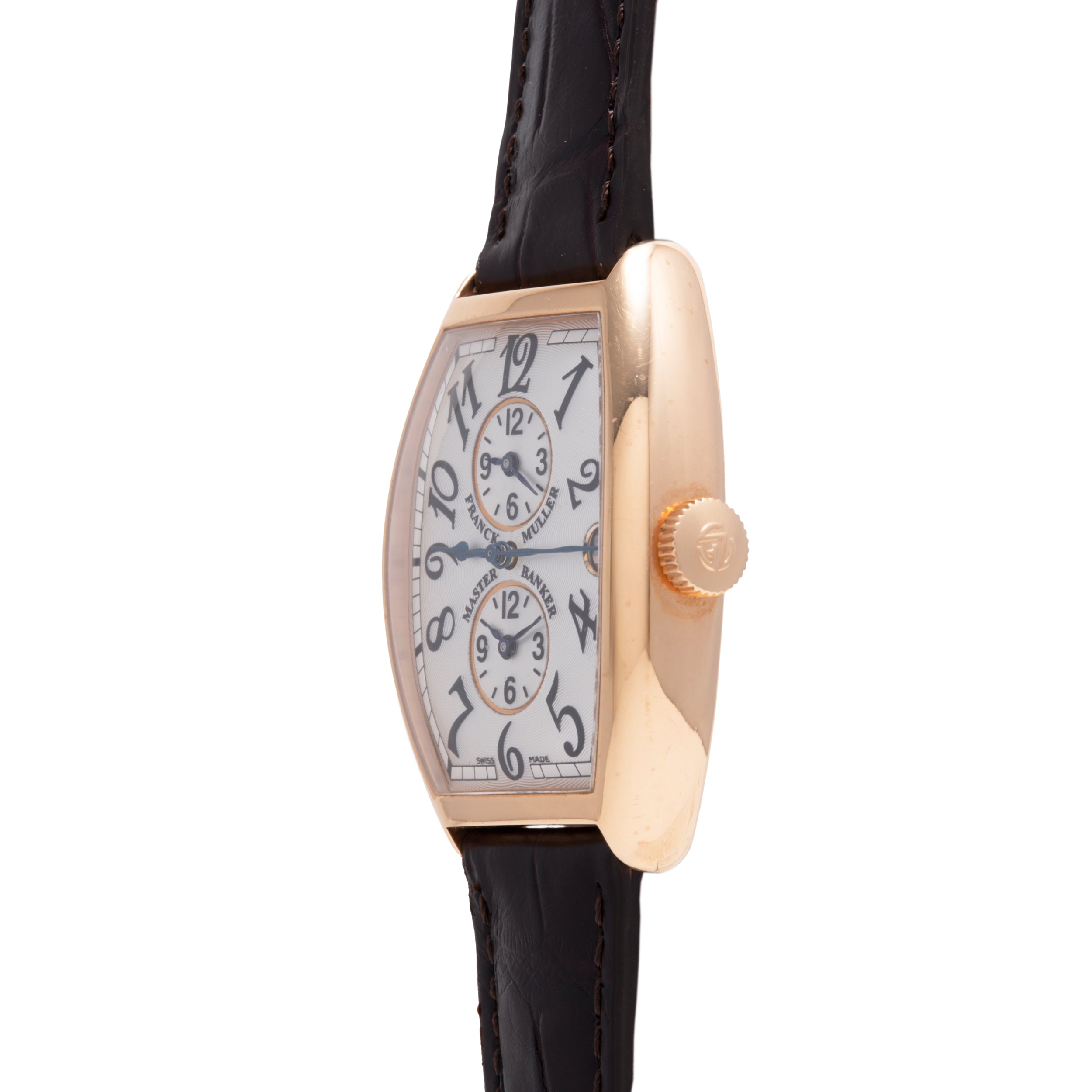 Rose gold tonneau watch with dual square dials, Arabic numerals, and black leather strap.