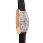 Rose gold tonneau watch with white dial, dual subdials, Arabic numerals, and black leather strap.