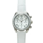 Stainless steel chronograph watch with white dial, tachymetre bezel, and white leather strap.