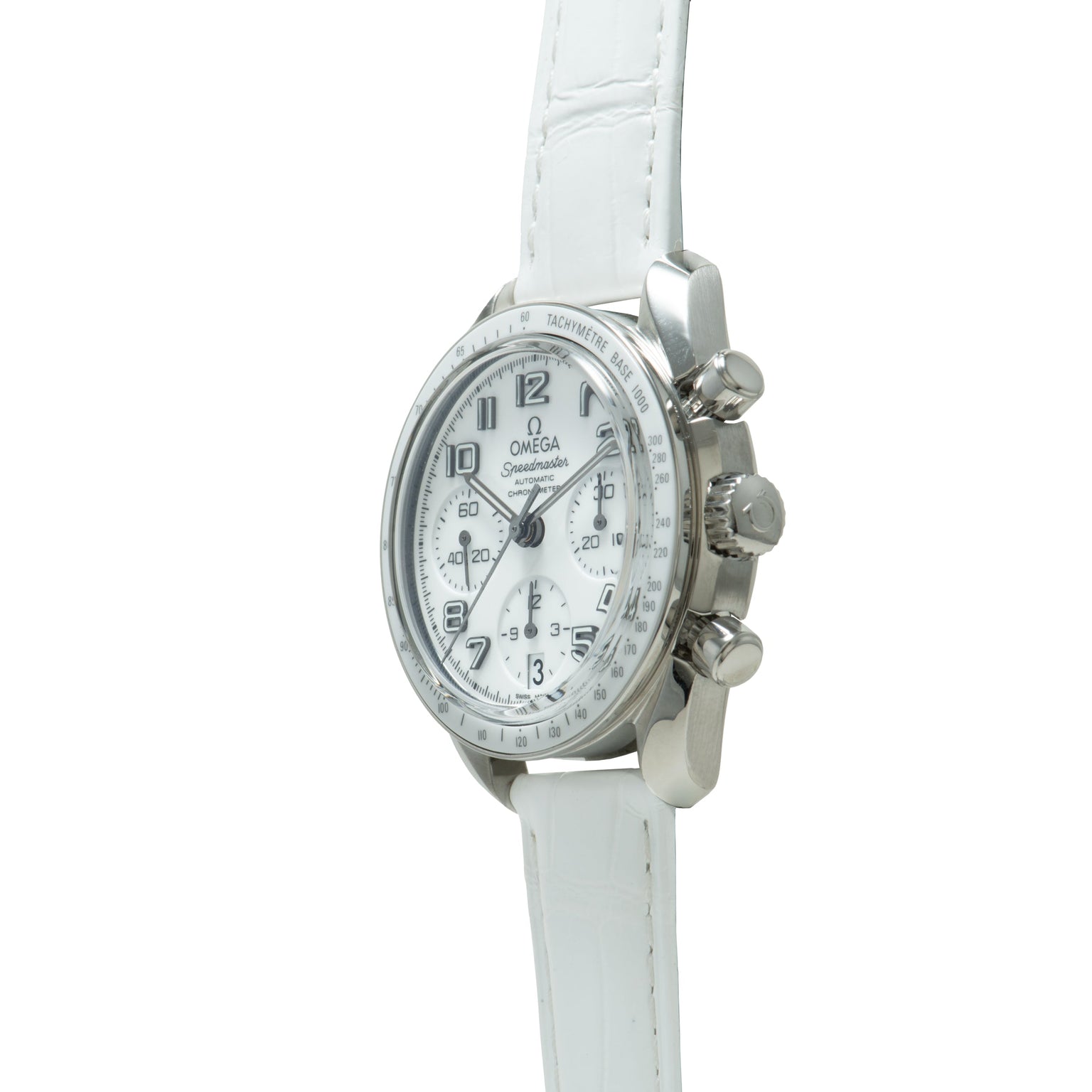 Omega Speedmaster chronograph watch with silver case, white dial, and white leather strap.