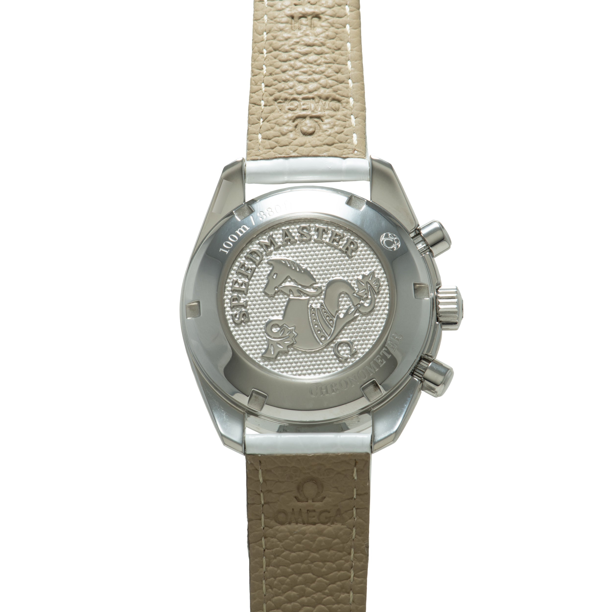 Stainless steel chronograph watch with textured silver dial, tan leather strap, and exposed caseback showing embossed logo an