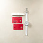 Stainless steel chronograph watch with white dial and leather strap, displayed with white strap and red warranty cards.