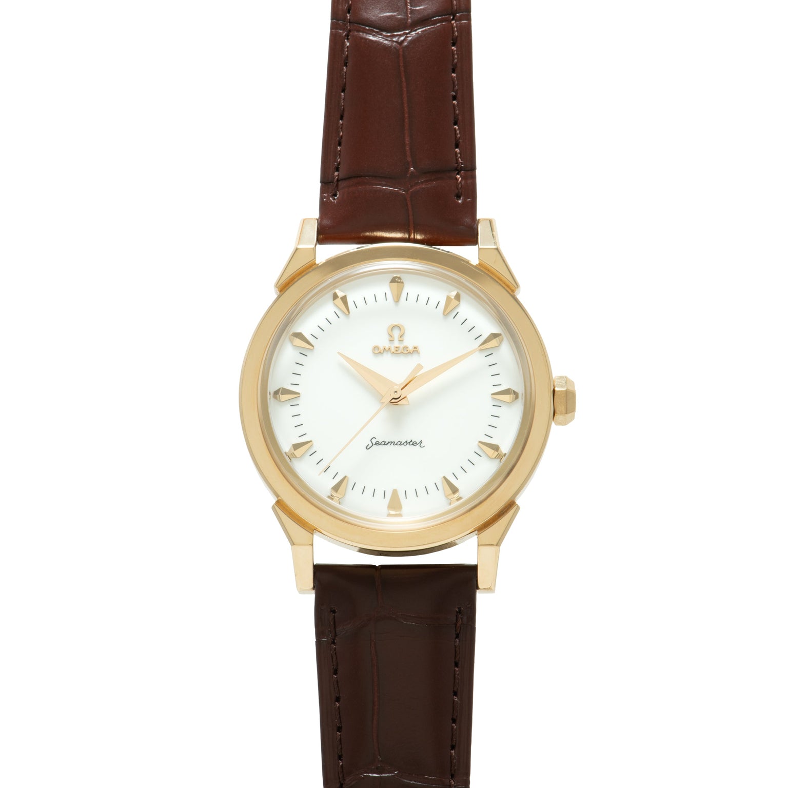 Omega Seamaster watch with gold-tone case, cream dial, gold hour markers, and brown leather strap.