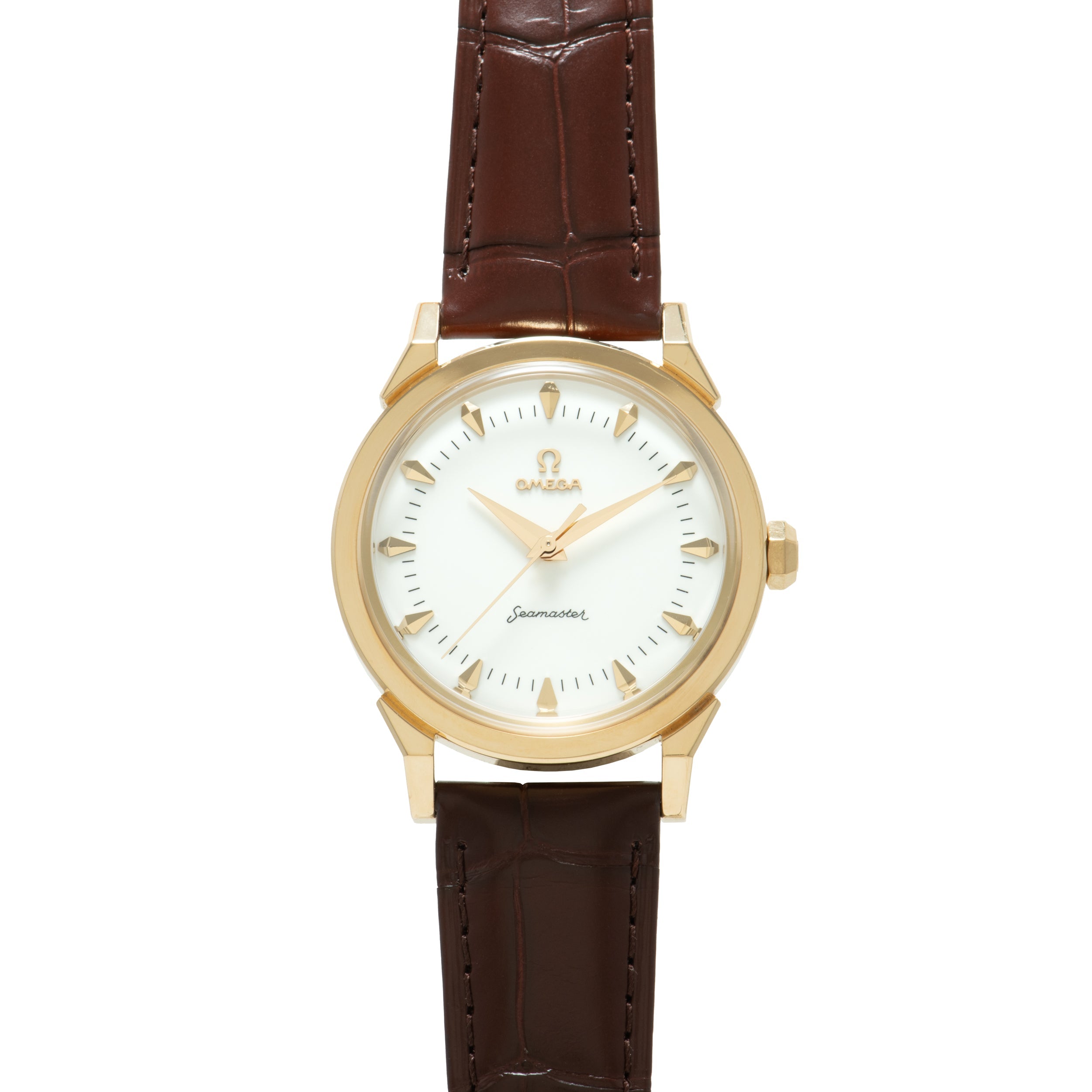 Omega Seamaster watch with gold-tone case, cream dial, gold hour markers, and brown leather strap.