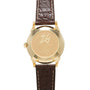 Gold-tone watch with brown leather strap, engraved caseback showing Milano Cortina 2026 Olympic rings and 100m/330ft water re