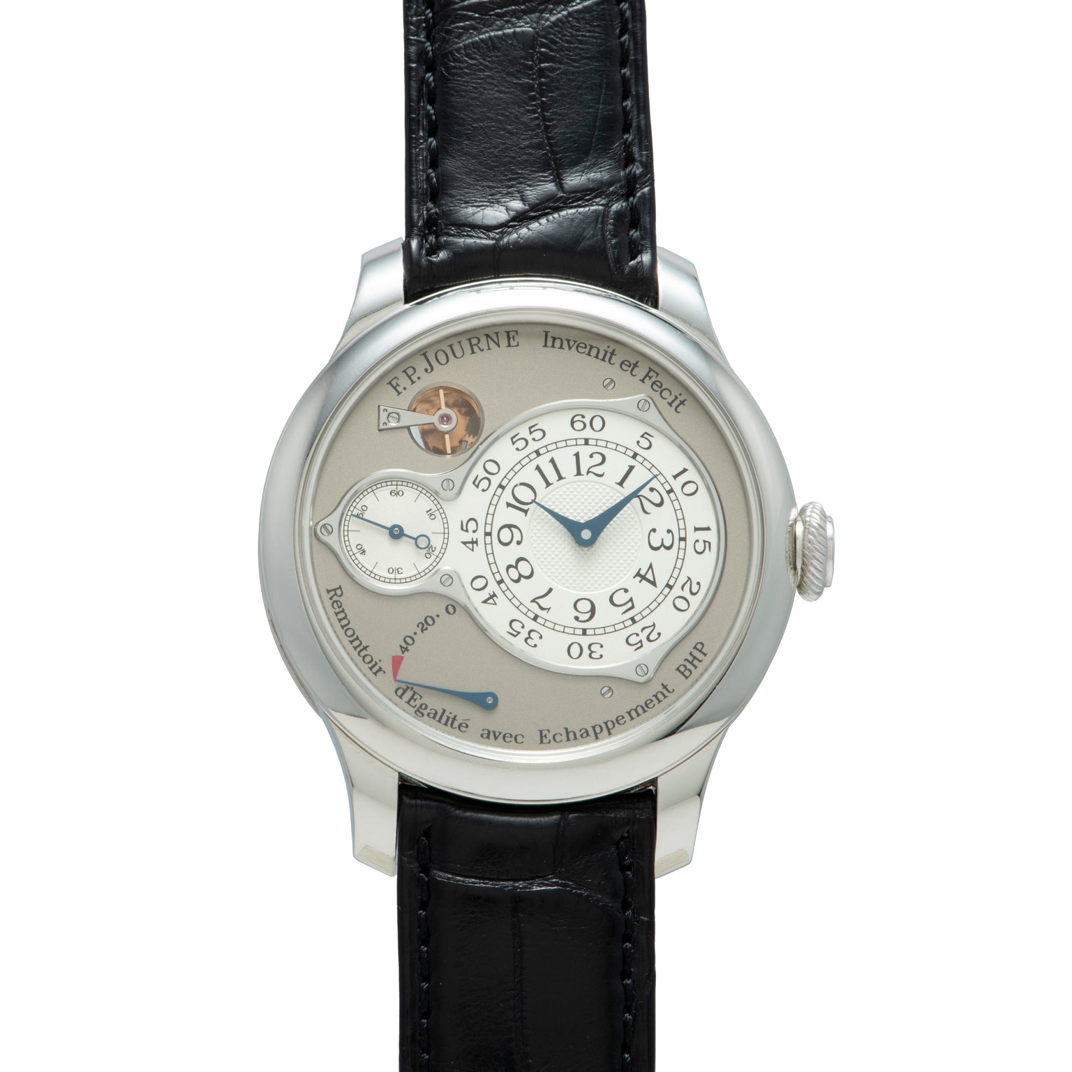 Silver-toned watch with cream dial, blue hands, subsidiary dials, and black leather strap.