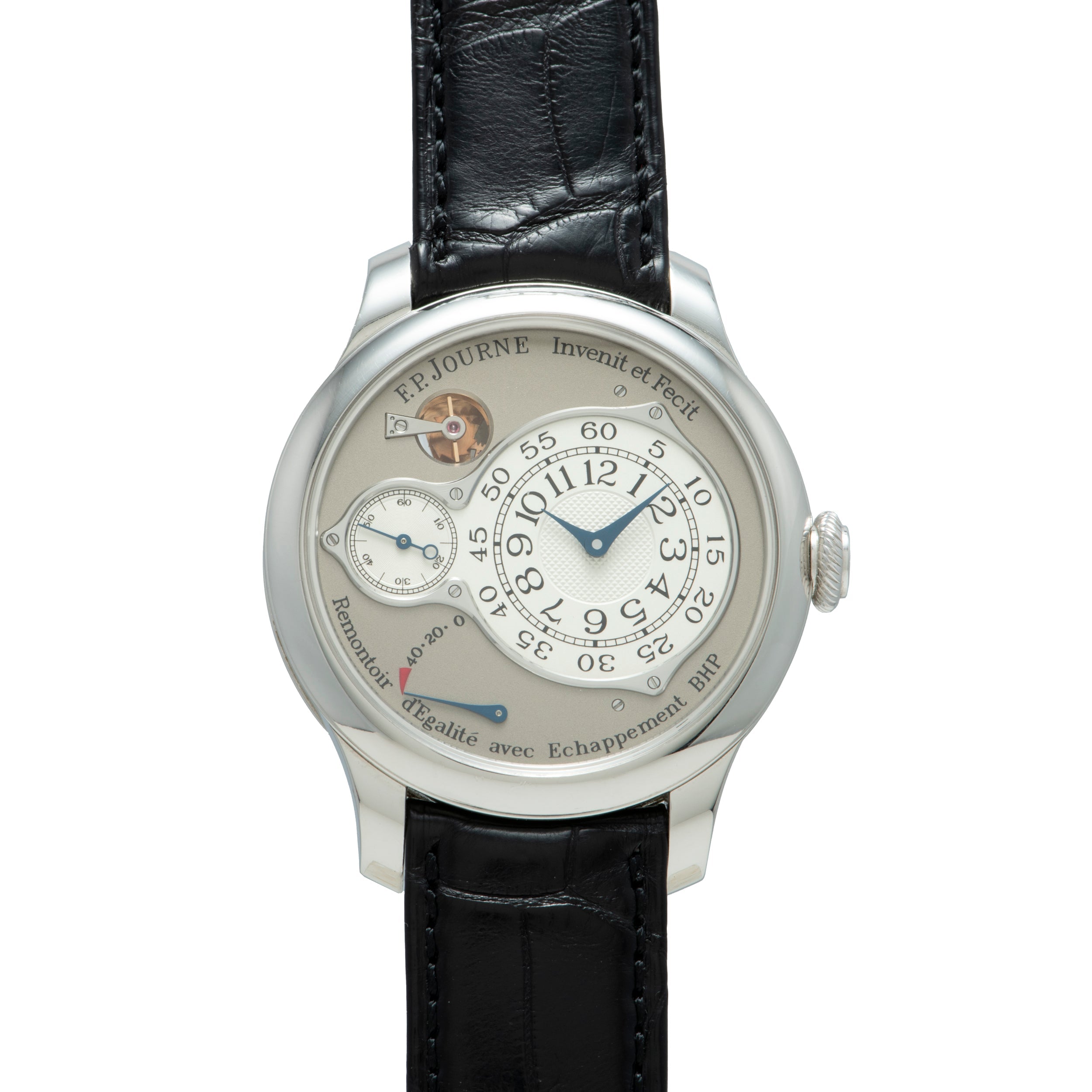 Silver-toned watch with cream dial, blue hands, subsidiary dials, and black leather strap.