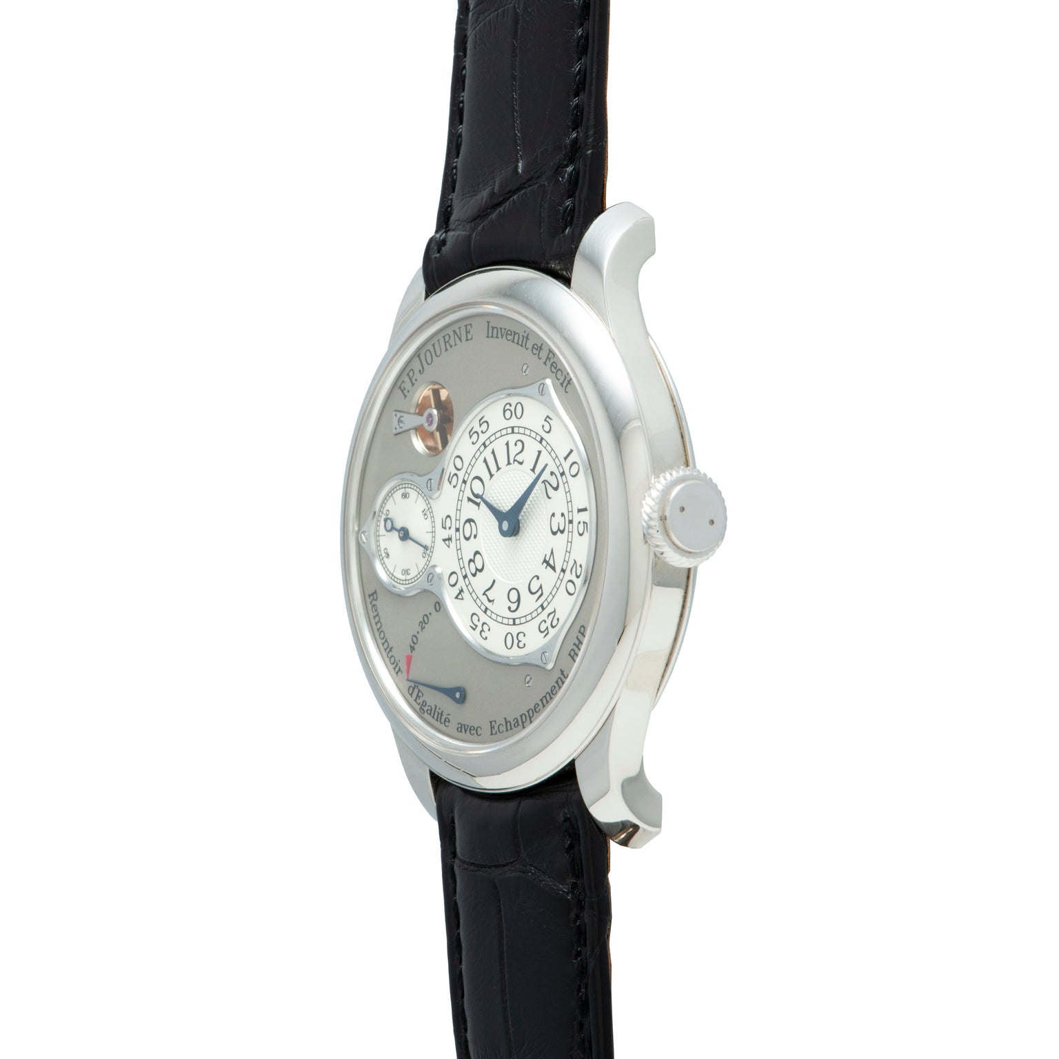 F.P. Journe Chronomètre Optimum with white dial, subsidiary seconds, black leather strap, and silver case.