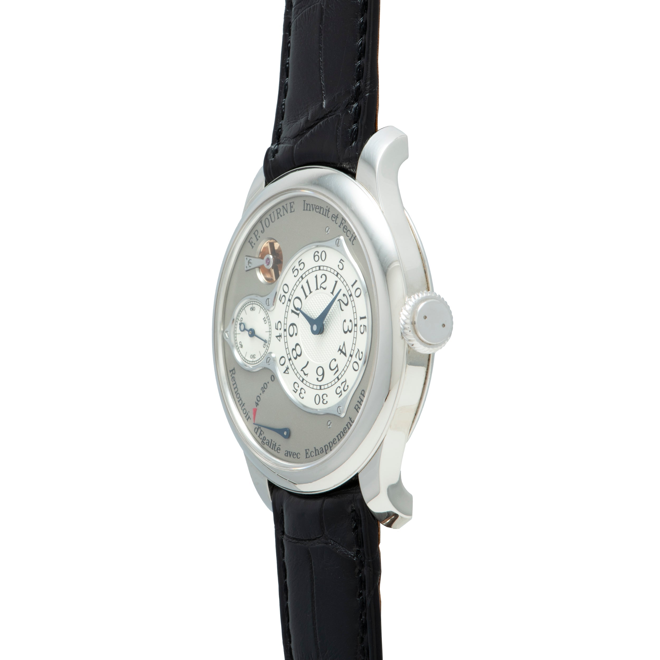 F.P. Journe Chronomètre Optimum with white dial, subsidiary seconds, black leather strap, and silver case.