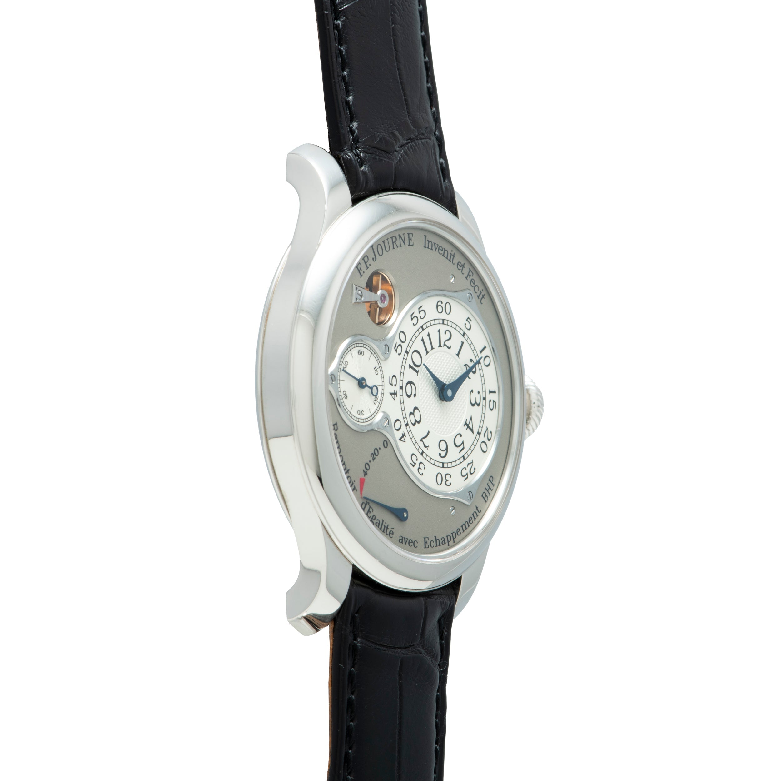 Silver-toned watch with silver dial, multiple subdials, and black leather strap.