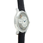 Silver-toned watch with silver dial, multiple subdials, and black leather strap.