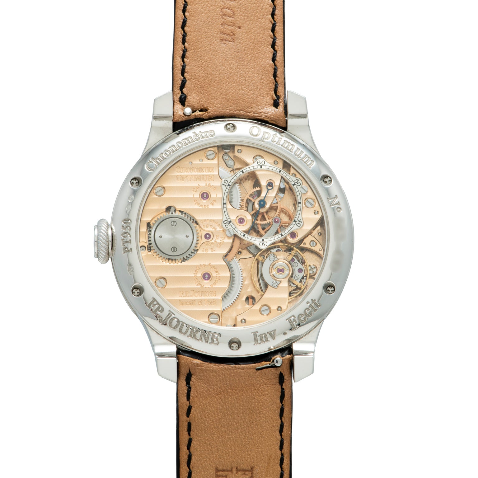 Stainless steel watch with exposed rose gold skeletonized movement, tan leather strap with dark stitching, and engraved bezel