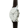 Universal Genève Jumbo Compax chronograph watch with silver case, white dial, and black leather strap.