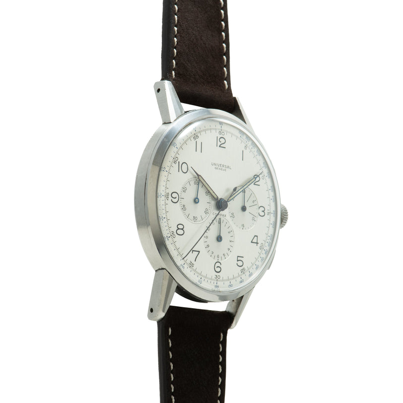 Universal Genève Jumbo Compax chronograph watch with silver dial, multiple subdials, and dark leather strap.