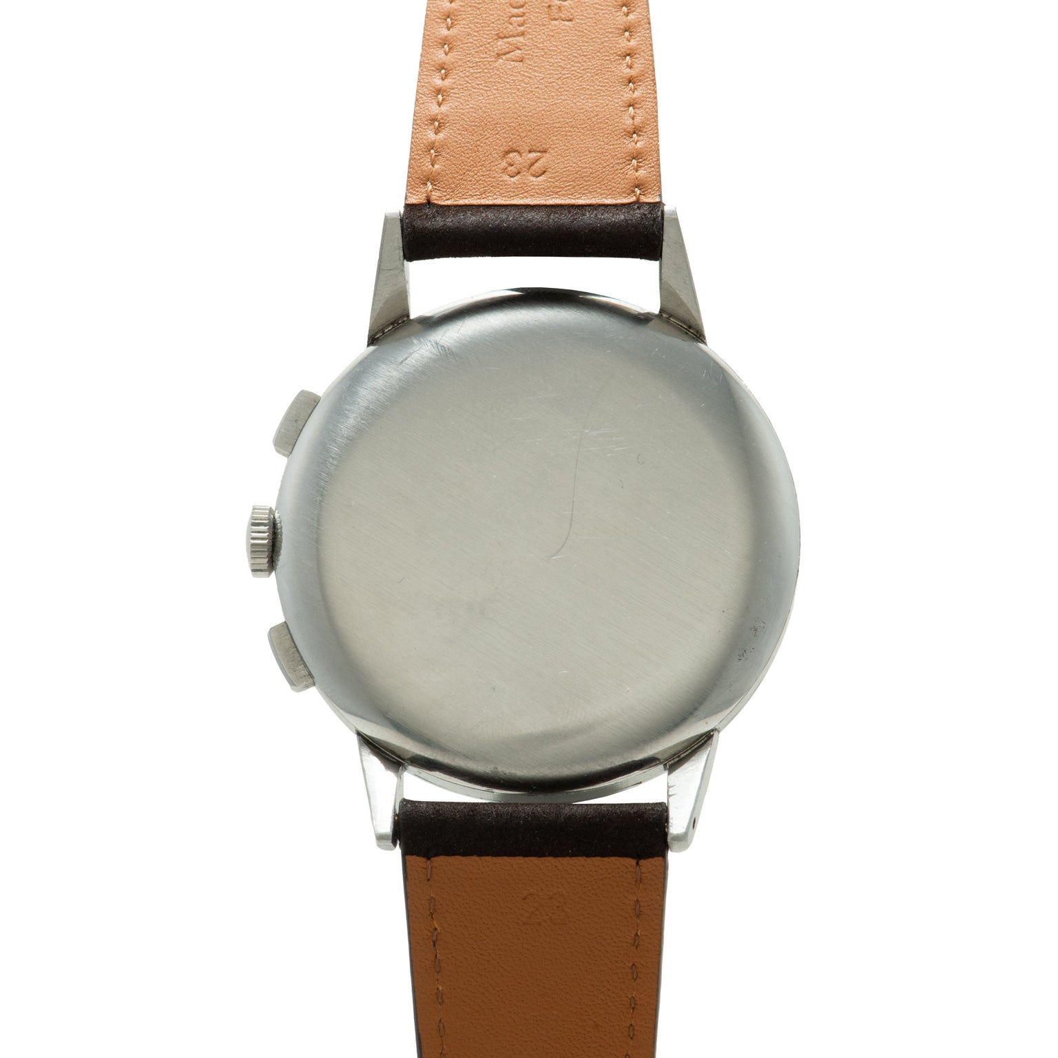 Stainless steel chronograph watch with blank silver dial, tan and black leather strap, and side pushers.
