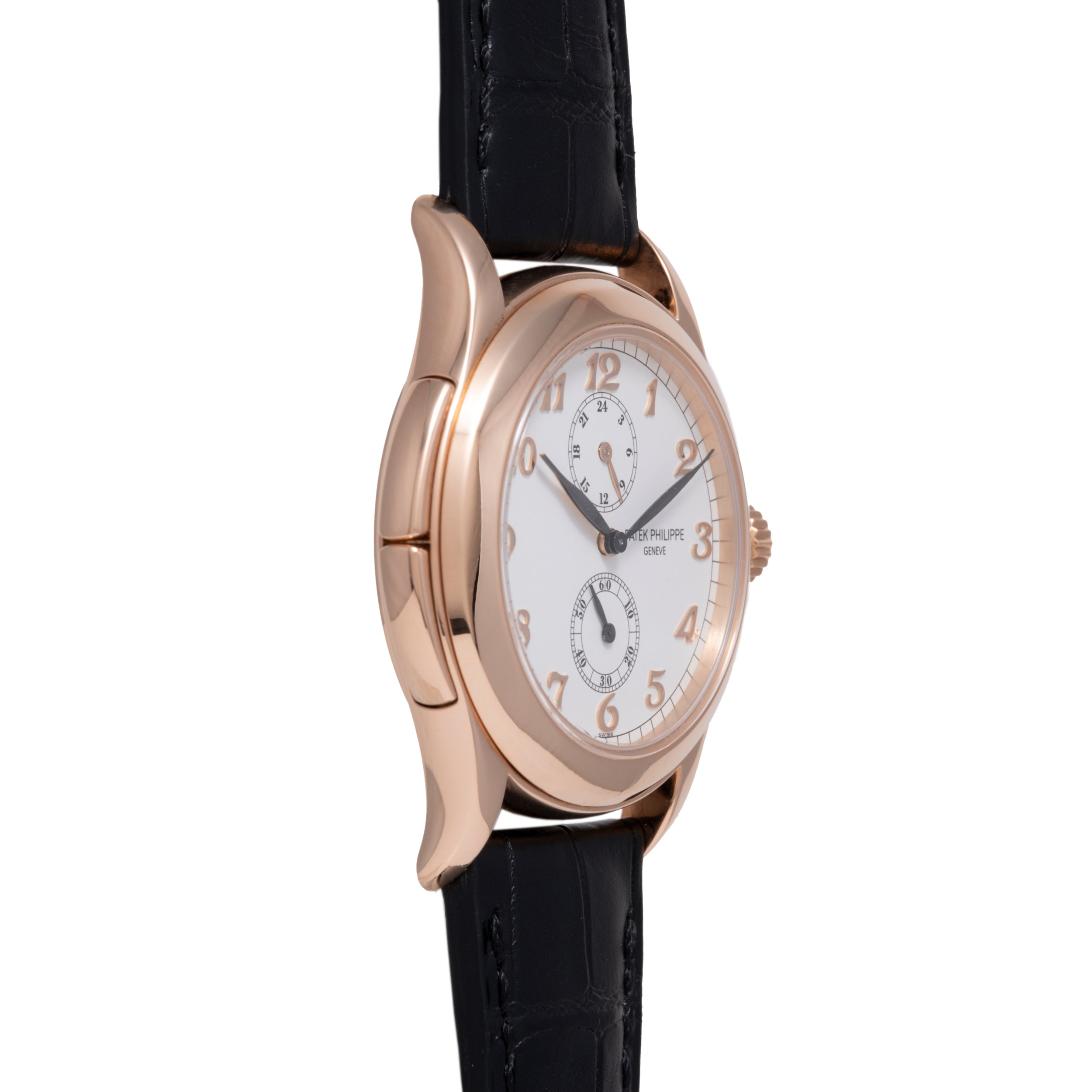 Rose gold watch with white dial, Arabic numerals, dual subdials, and black leather strap.