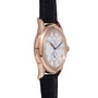 Rose gold watch with white dial, Arabic numerals, dual subdials, and black leather strap.