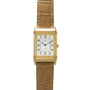 Gold-tone rectangular watch with white dial, Arabic numerals, and tan leather strap with white stitching.