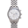 Stainless steel chronograph watch with white dial, three subdials, day-date window, and matching bracelet.