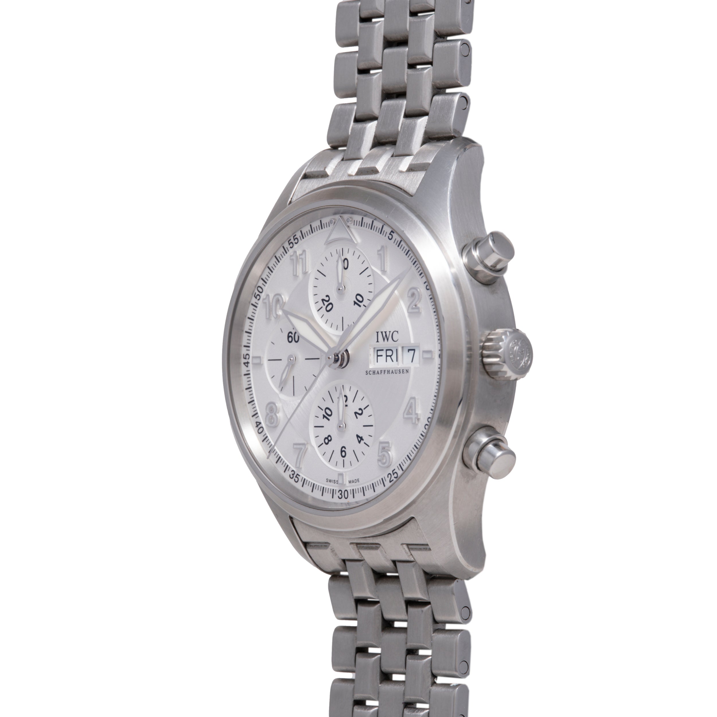 Silver stainless steel chronograph watch with white dial, multiple subdials, date window, and matching metal bracelet.