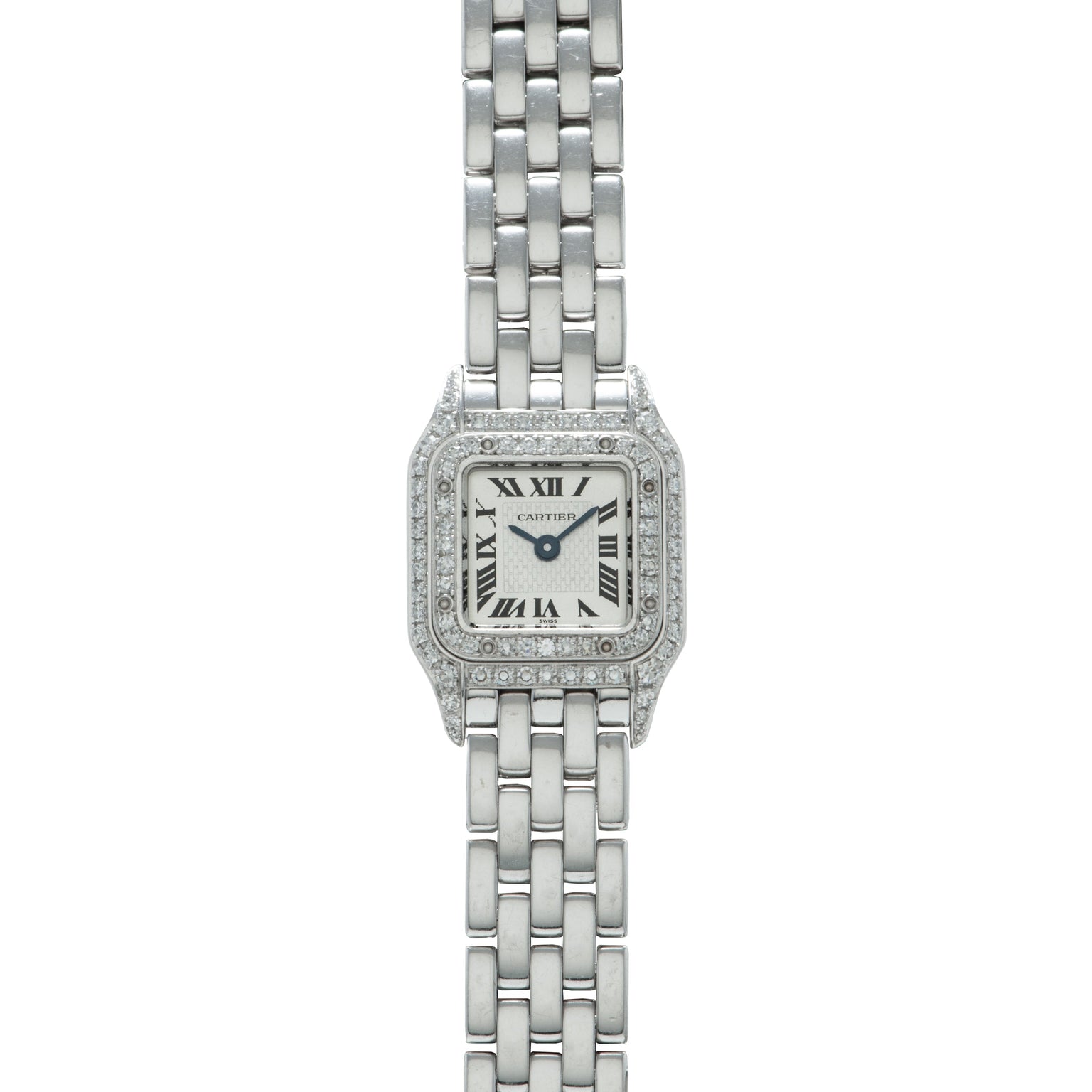 Cartier Panthere watch with diamond-set bezel, cream dial with Roman numerals, and stainless steel bracelet.