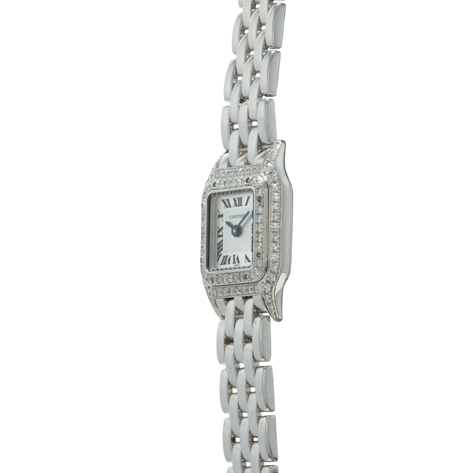 Silver-tone rectangular watch with diamond-set bezel, Roman numeral dial, and multi-link bracelet.