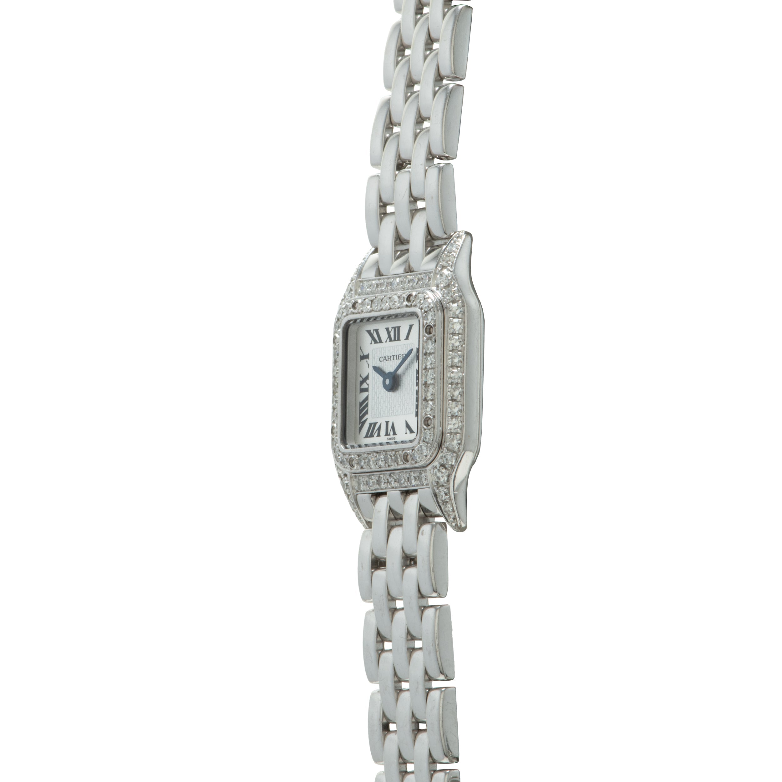 Silver-tone rectangular watch with diamond-set bezel, Roman numeral dial, and multi-link bracelet.