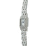 Silver-tone rectangular watch with diamond-set bezel, Roman numeral dial, and multi-link bracelet.