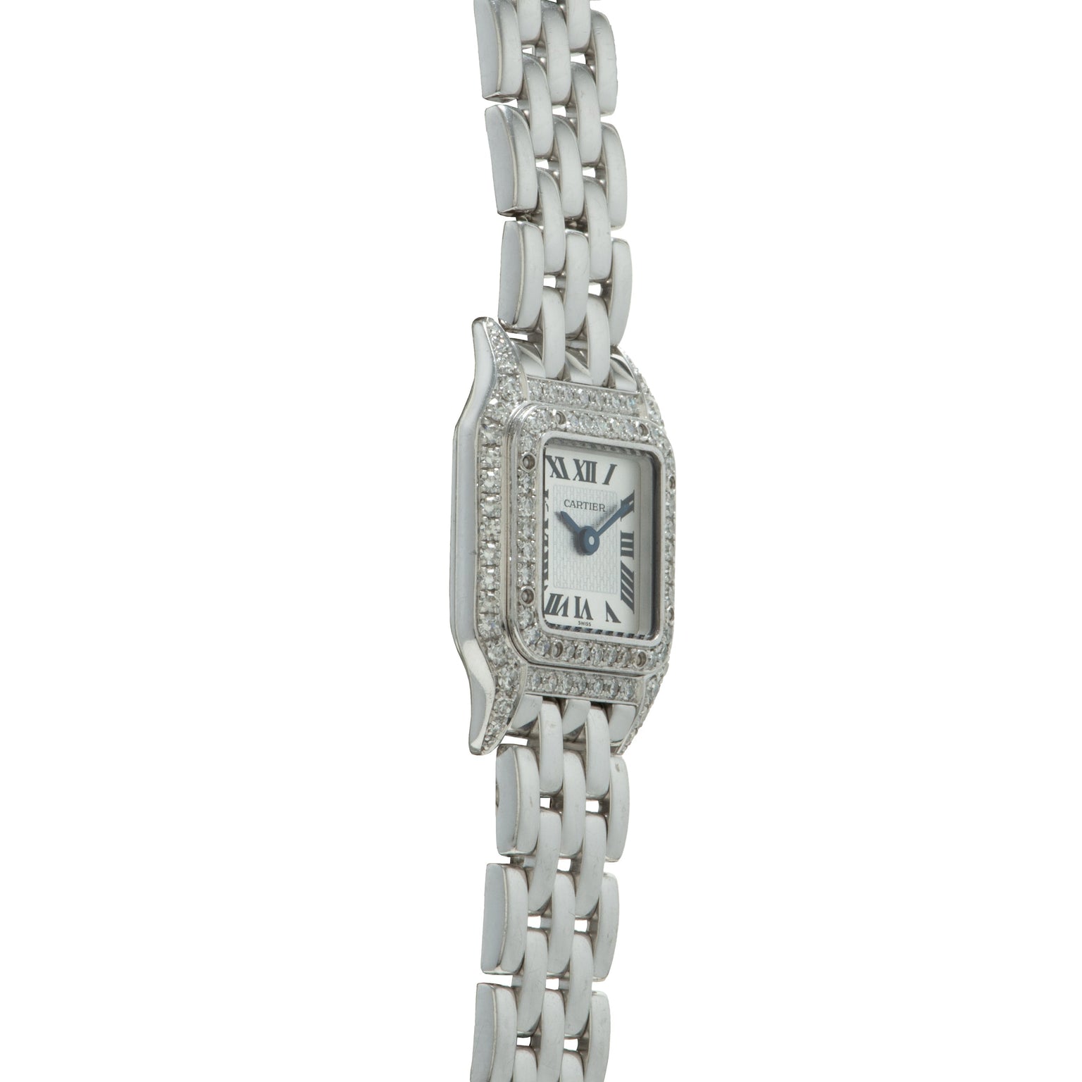 Silver-tone rectangular watch with diamond-set bezel, white dial with Roman numerals, and linked metal bracelet.