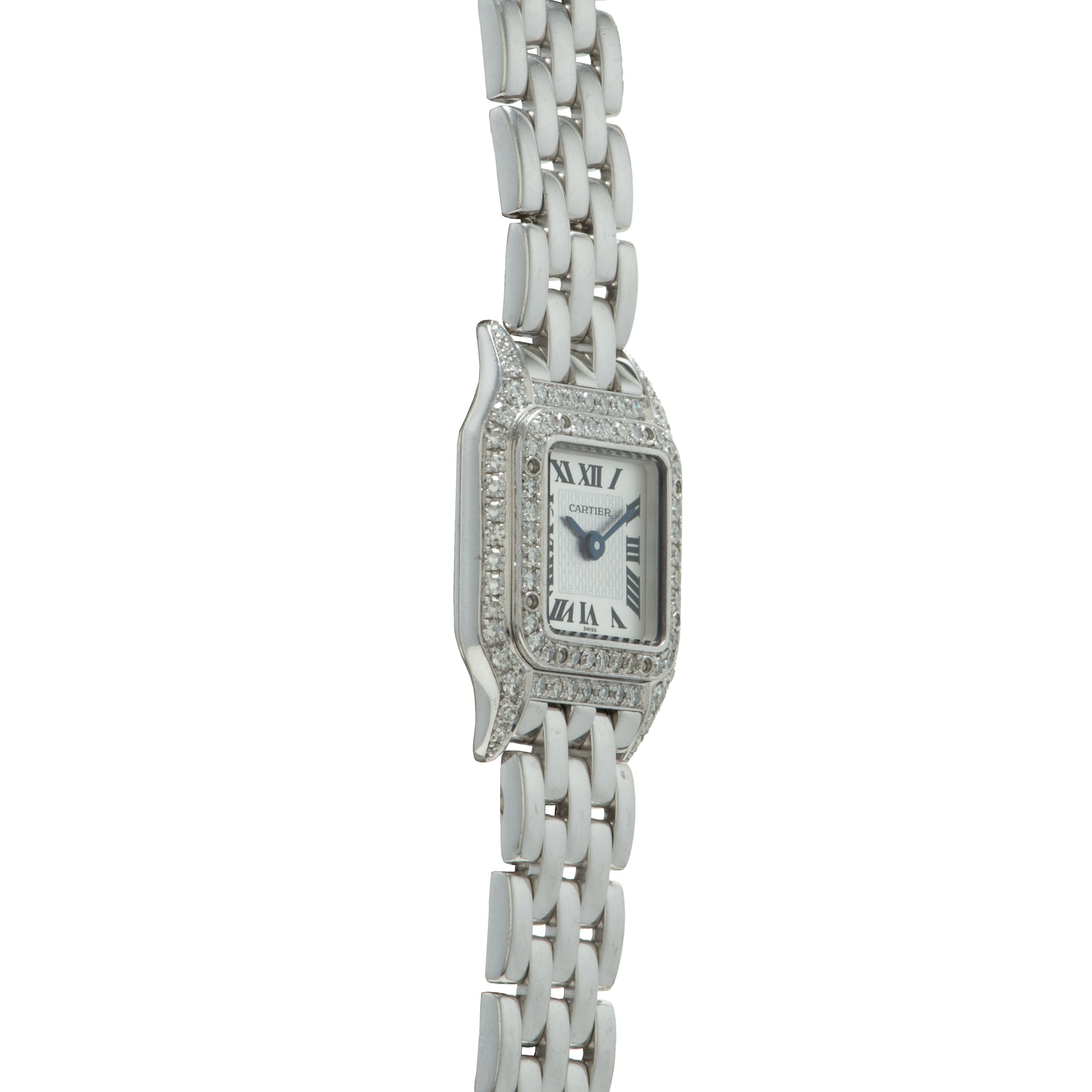 Silver-tone rectangular watch with diamond-set bezel, white dial with Roman numerals, and linked metal bracelet.