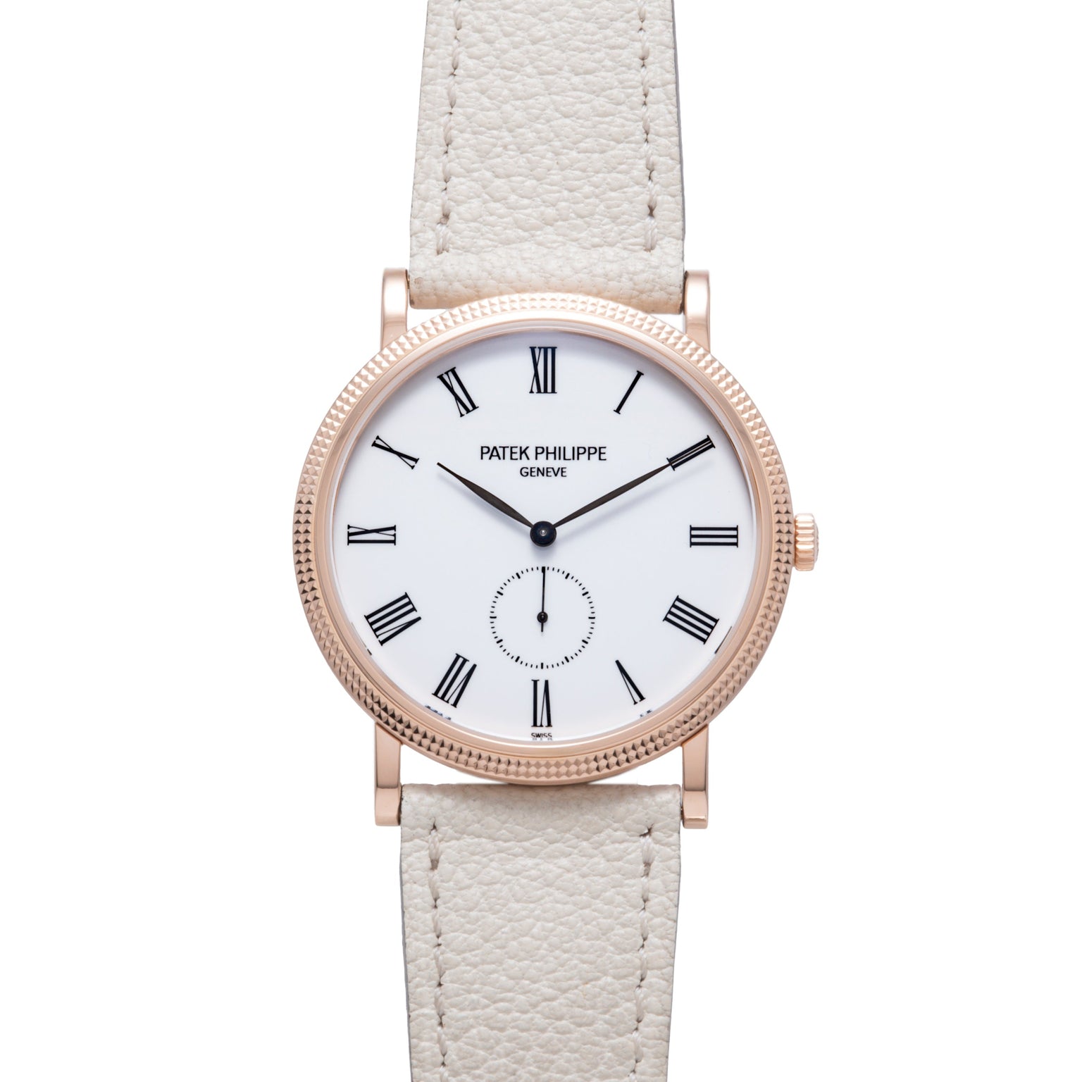 Rose gold watch with white dial, Roman numerals, subdial, and cream leather strap.