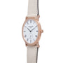 Rose gold oval watch with white dial, Roman numerals, subsidiary seconds dial, and cream leather strap.