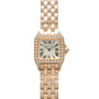 Rose gold Cartier Santos Demoiselle watch with diamond-set bezel, cream dial with Roman numerals, and matching bracelet.